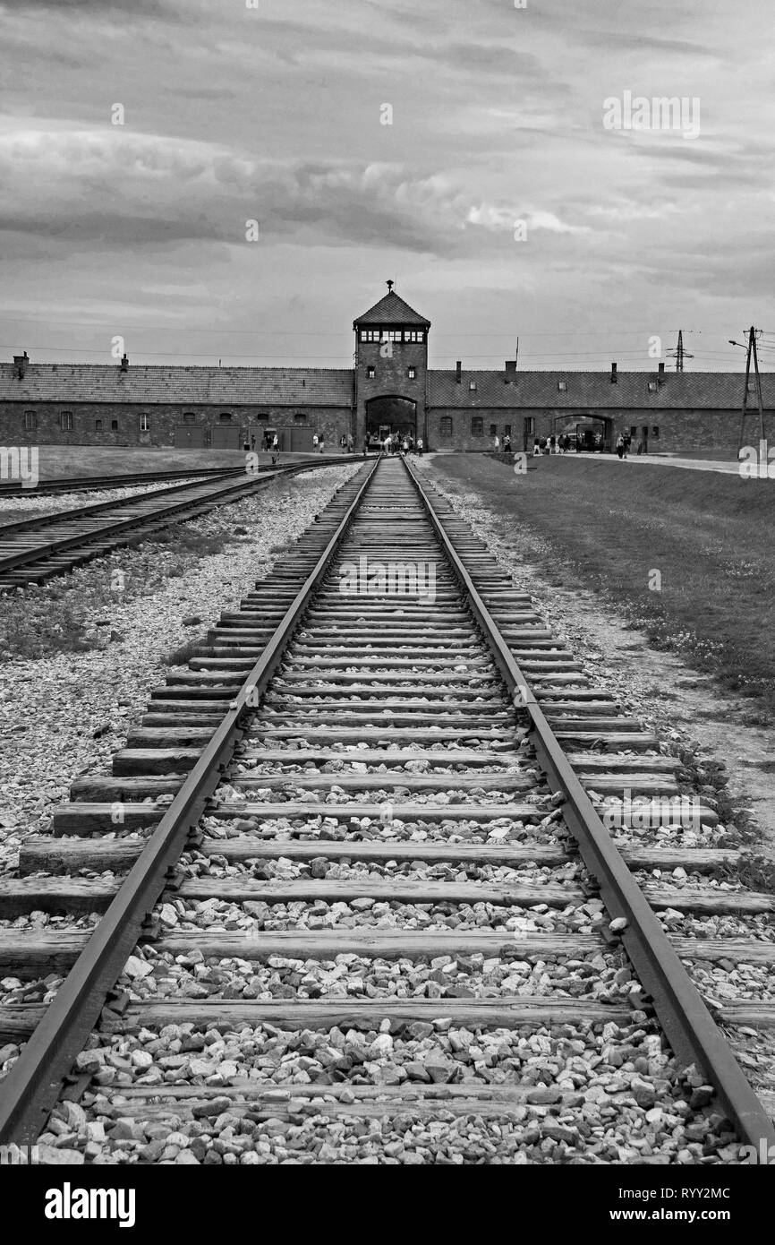 Oswiecim, Polonia - 11 luglio 2018. Il cancello principale e la torre di guardia Birkenau-Auschwitz II Foto Stock