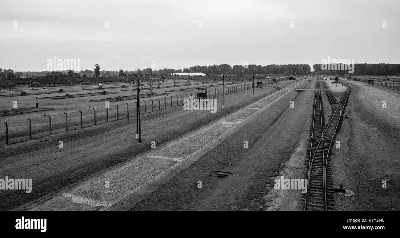 Birkenau-Auschwitz II vista dall'ingresso principale e la torre di guardia Foto Stock