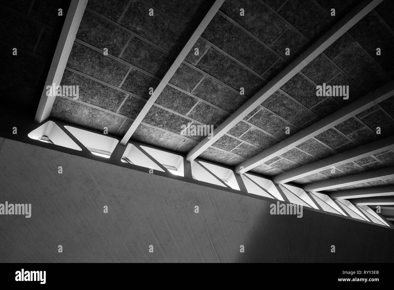 Soffitto architettonico e nella finestra dettagli. Urban Stampa, alto contrasto bianco e nero, Londra Foto Stock