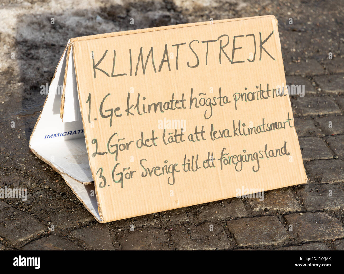 Stoccolma, Svezia - 15 febbraio 2019: clima di supporto degli attivisti16-anno-vecchio svedese Thunberg Greta chi protesta al di fuori del parlamento svedese Foto Stock
