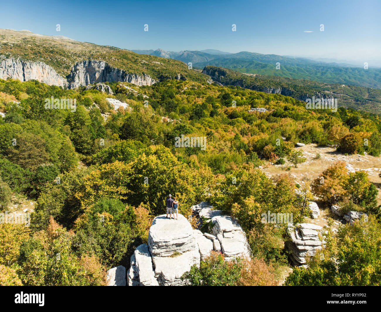 La foresta di pietra, formazione rocciosa naturale, creato da più strati di pietra, situato vicino al villaggio di Monodendri Zagori nella regione, Epiro, nel nord della Grecia. Foto Stock