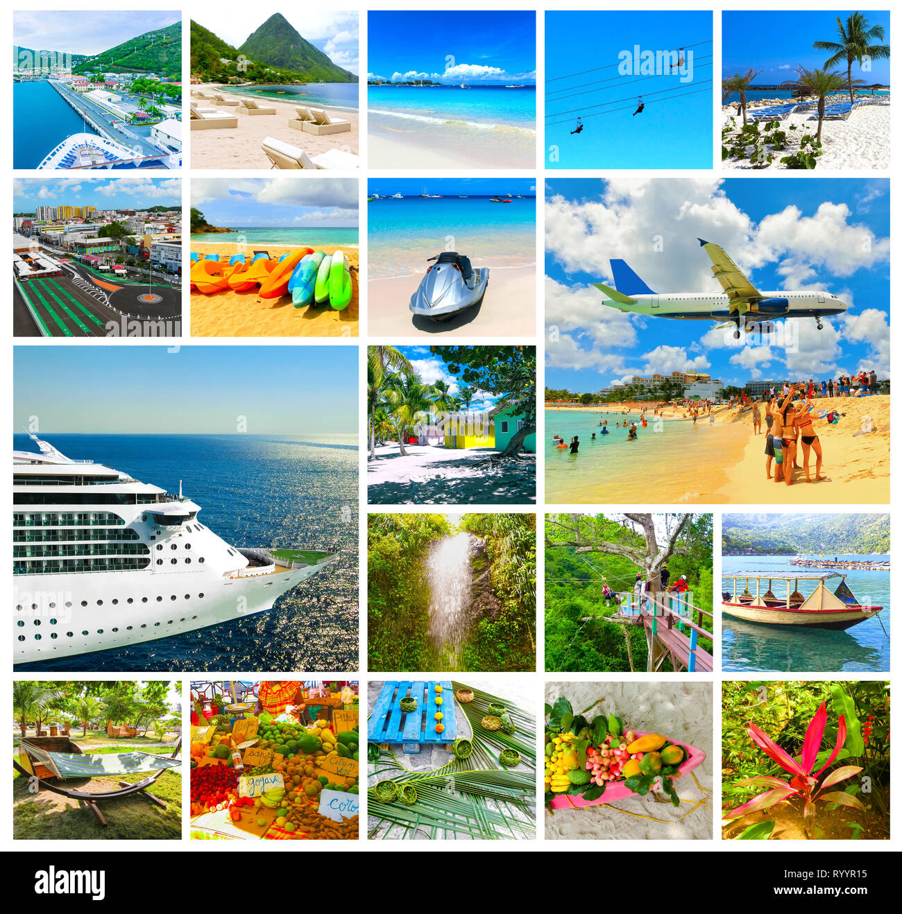 Collage da vedute delle spiagge caraibiche di Saint Martin, Lucia, Dominicana. Felice Caribbean Cruise concept Foto Stock