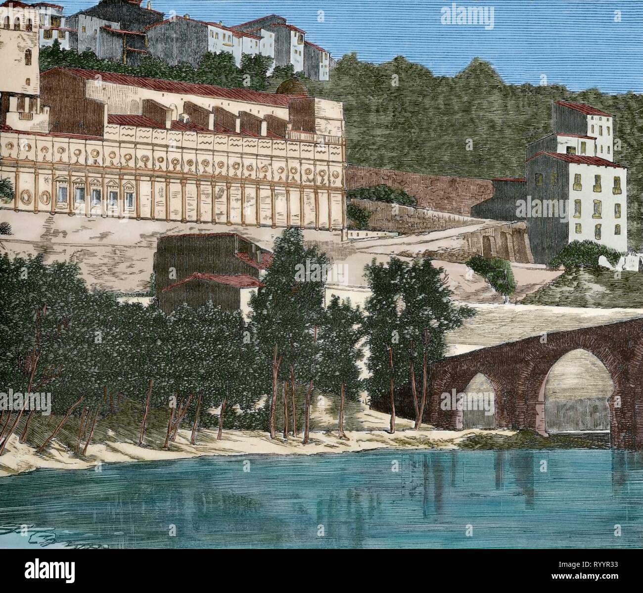 In Spagna, in Catalogna, provincia di Barcellona, Manresa. Grotta di Sant Ignazio di Loyola. Luogo di preghiera e di raccoglimento da sant Ignazio di Loyola nel 1522. Ha trascorso undici mesi di intensa spiritualità, dove scrisse 'Spiritual esercizi'. Incisione. Colorazione successiva. Episodio della cronica General de España-a, Historia Ilustrada y Descriptiva de sus Provincias. La Catalogna. 1866. Foto Stock