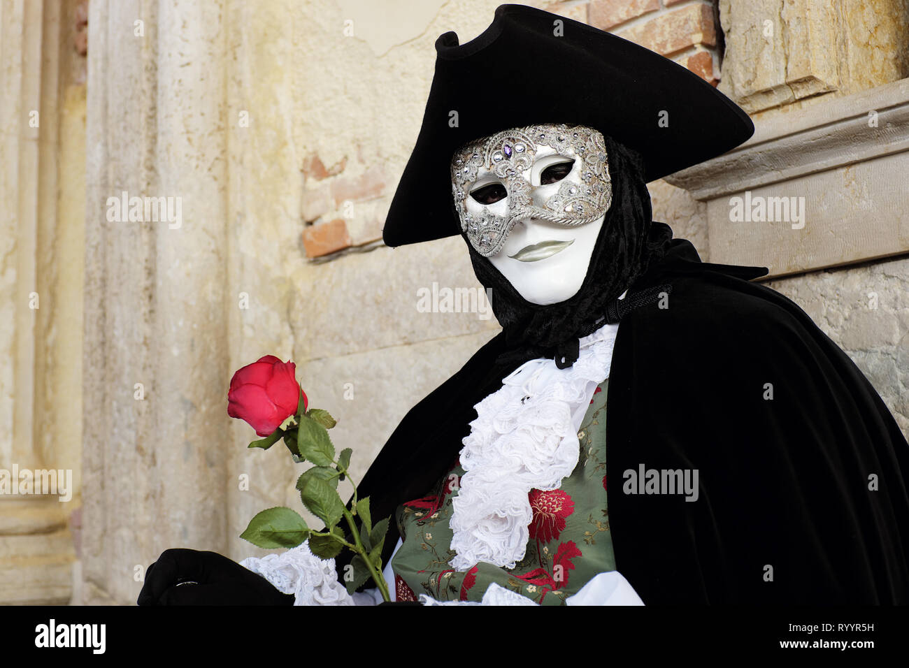 Uomo con red rose vestito nel tradizionale maschera e costume per il  Carnevale di Venezia in piedi al palazzo ducale di Piazza San Marco,  Venezia, Veneto, Italia Foto stock - Alamy