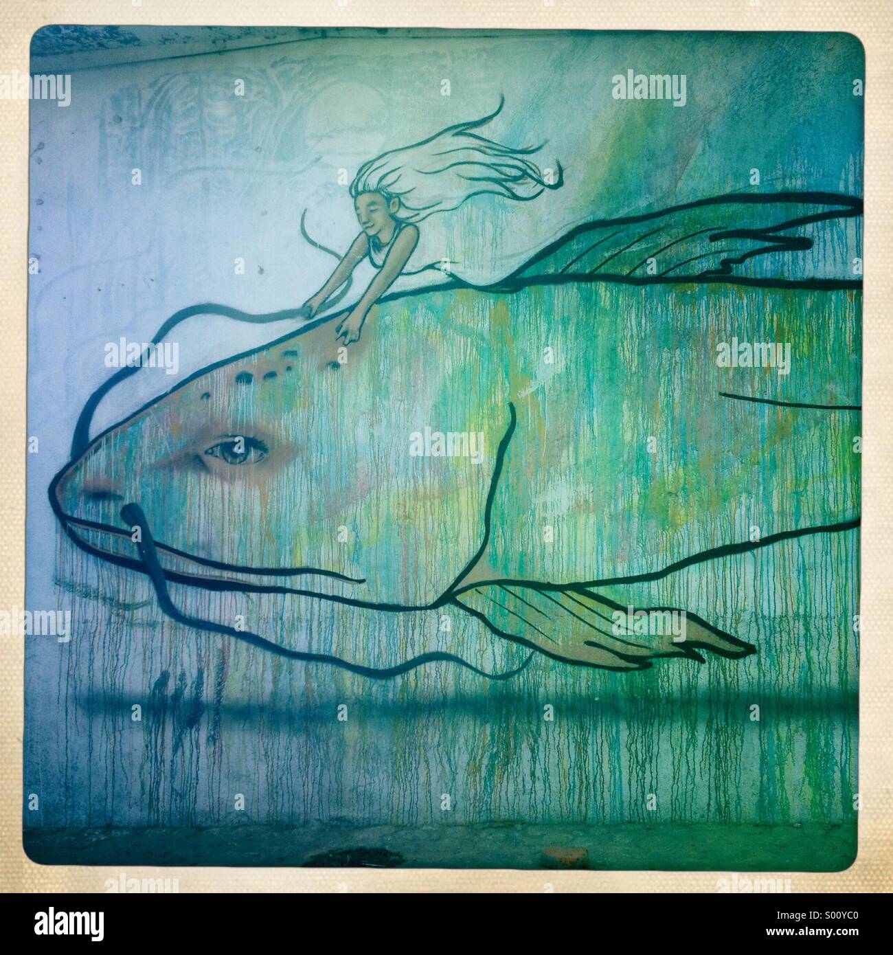 Un murale con l'immagine di una donna a cavallo di un pesce decora una parete in Teotitlan del Valle, Oaxaca, Messico - Immagine stock catturata con smartphone