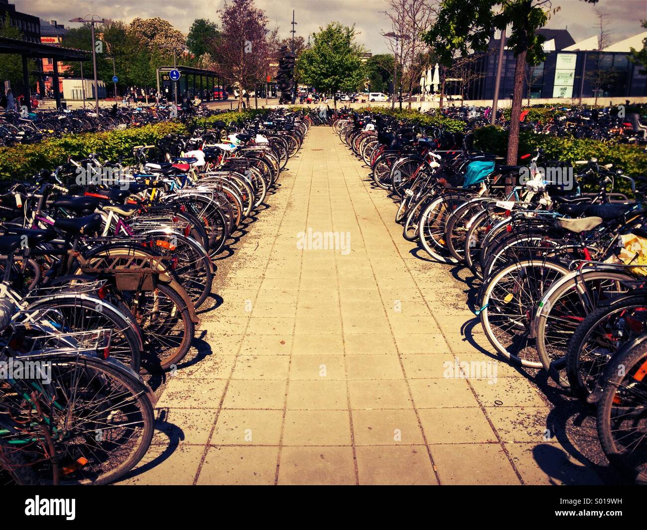 Righe di biciclette in al di fuori di stazione ferroviaria in Svezia. Foto Stock