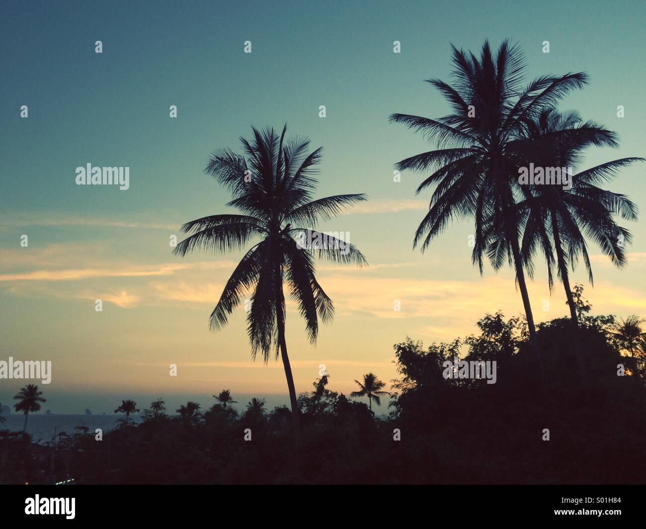 Tramonto sulla spiaggia Ao Nang, Krabi, Thailandia, con le isole in lontananza e il palm tree silhouette. Foto Stock