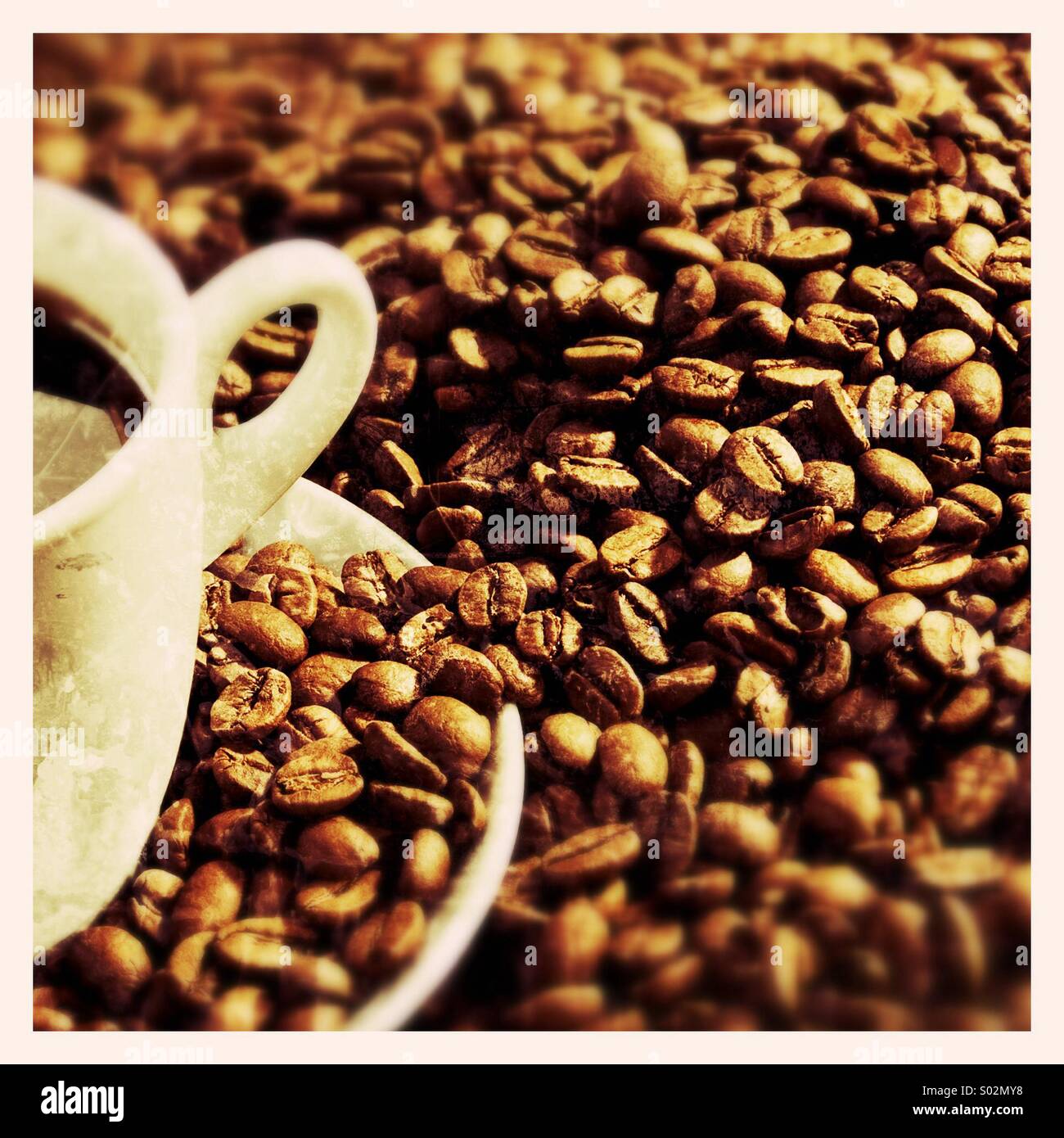 I chicchi di caffè e la tazza di caffè Foto Stock
