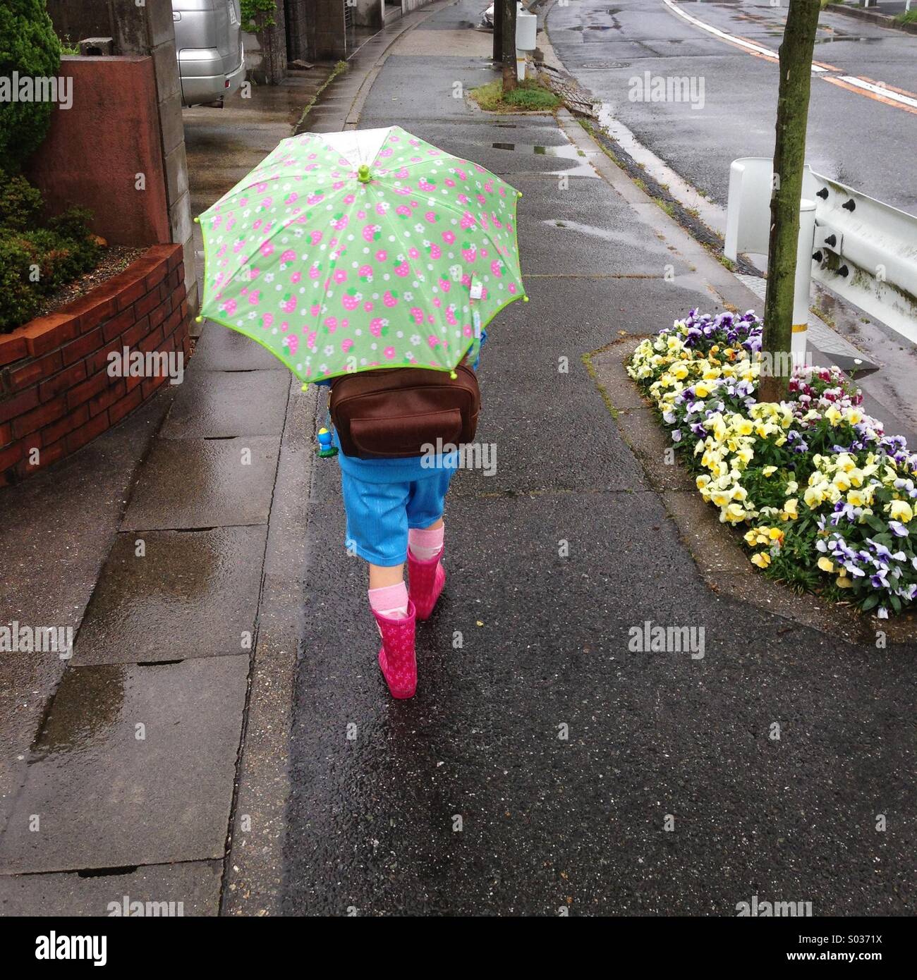 Un bambino con un ombrello e zaino andando a scuola durante la pioggia. Foto Stock