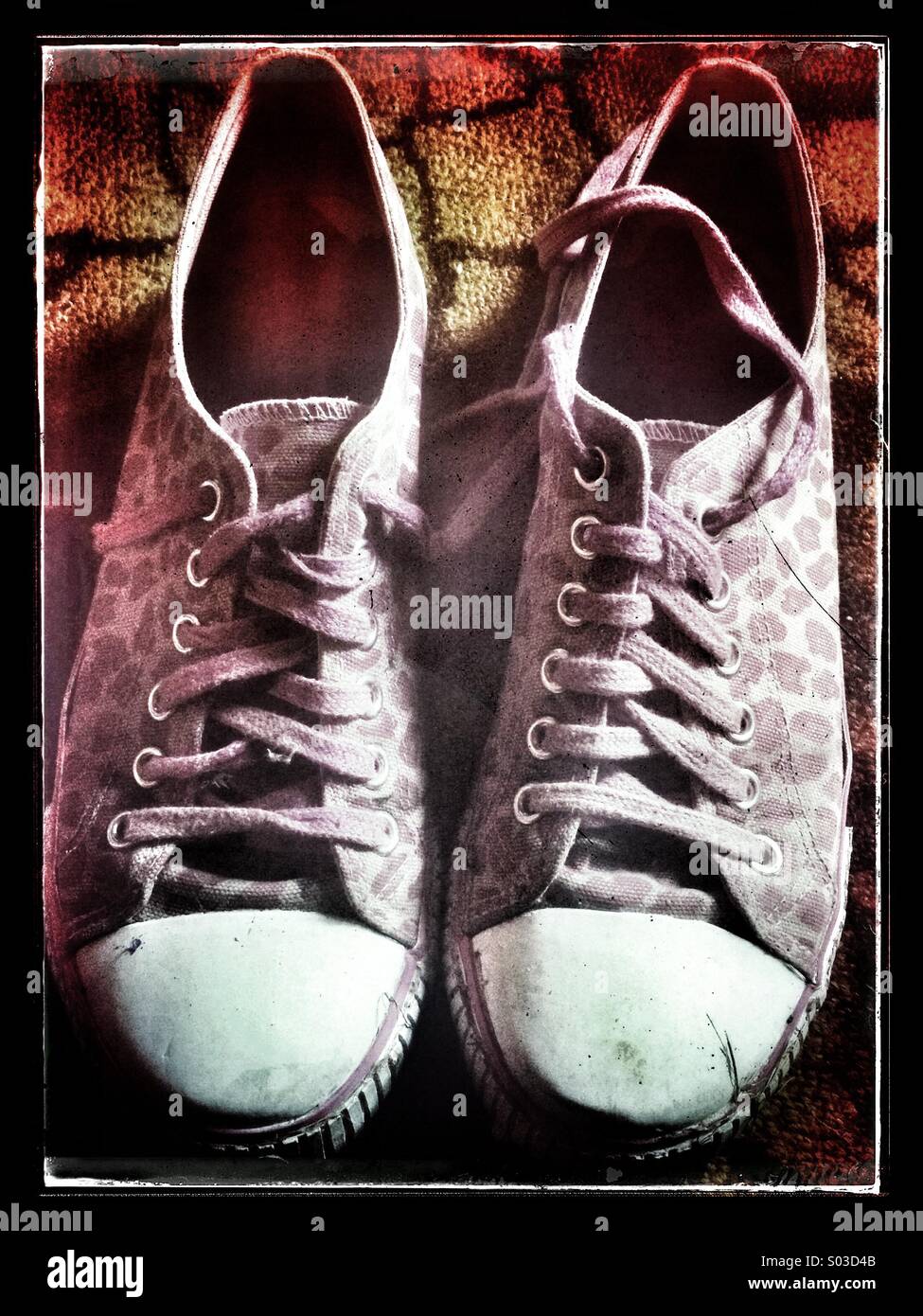 Coppia di sporco, picchiato, usurata rosa stampa leopard sneakers Foto Stock