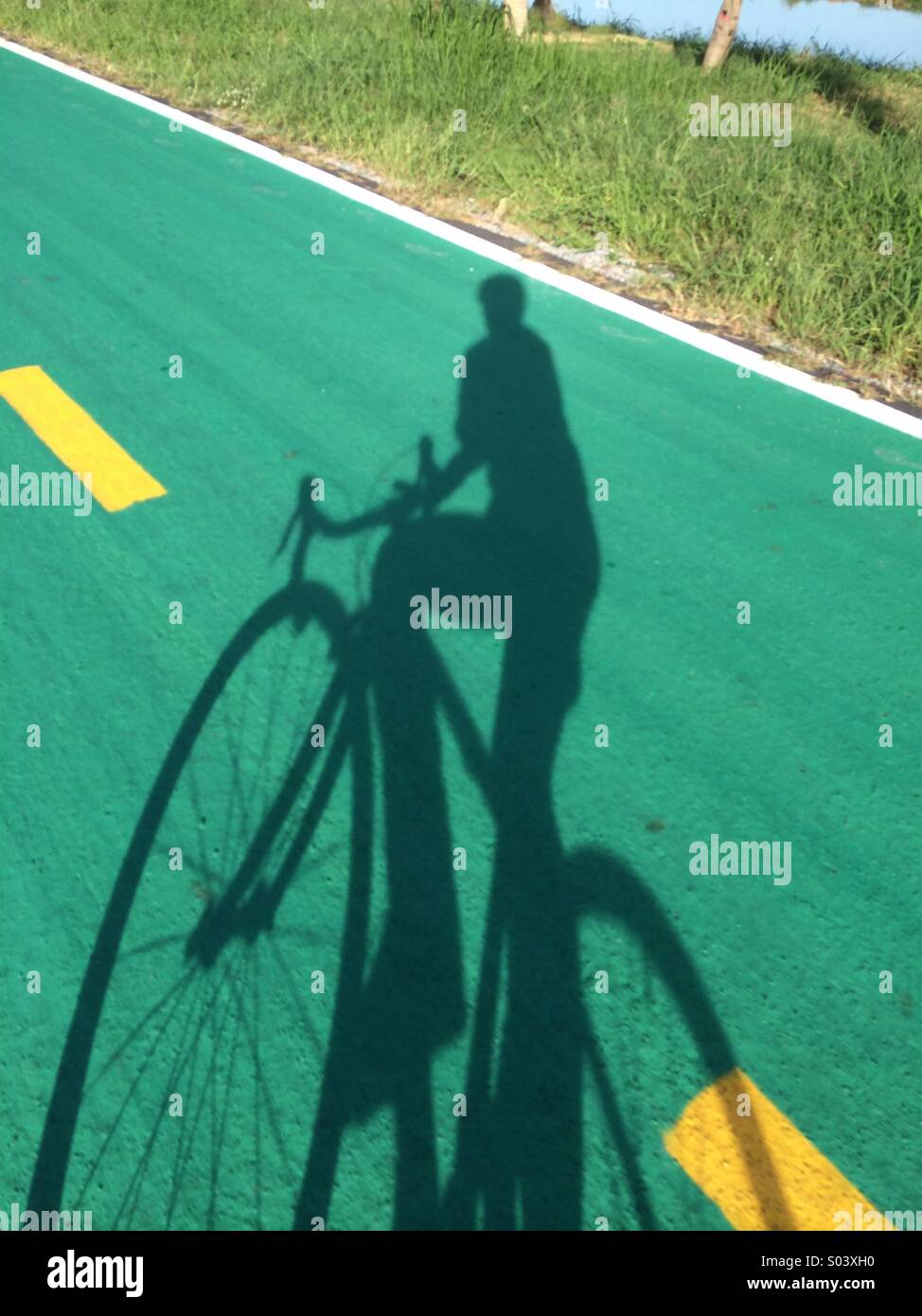 In sella ad una bicicletta in un'ombra Foto Stock