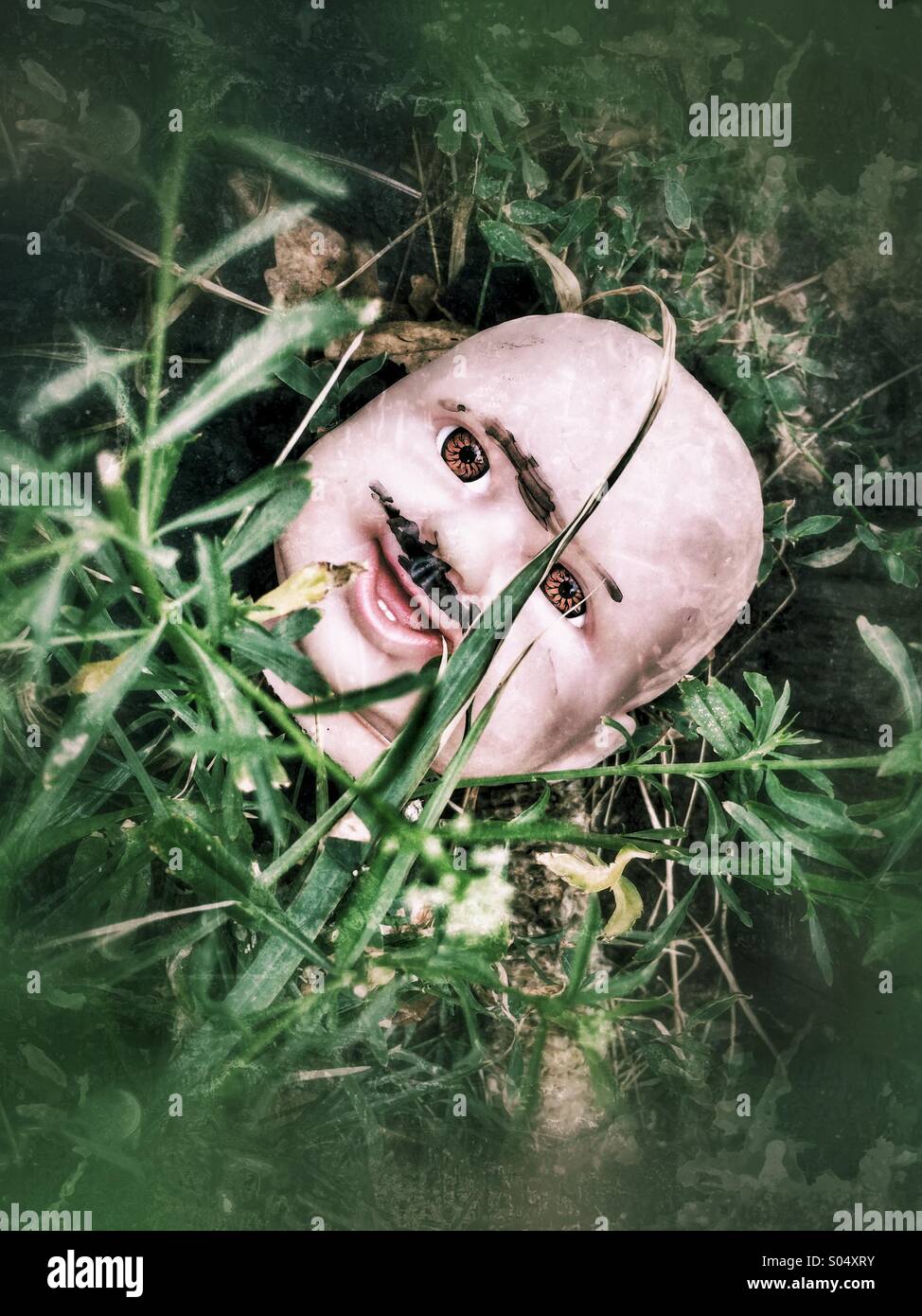 Creepy cercando di bambola testa giacente in erba - Immagine stock catturata con smartphone