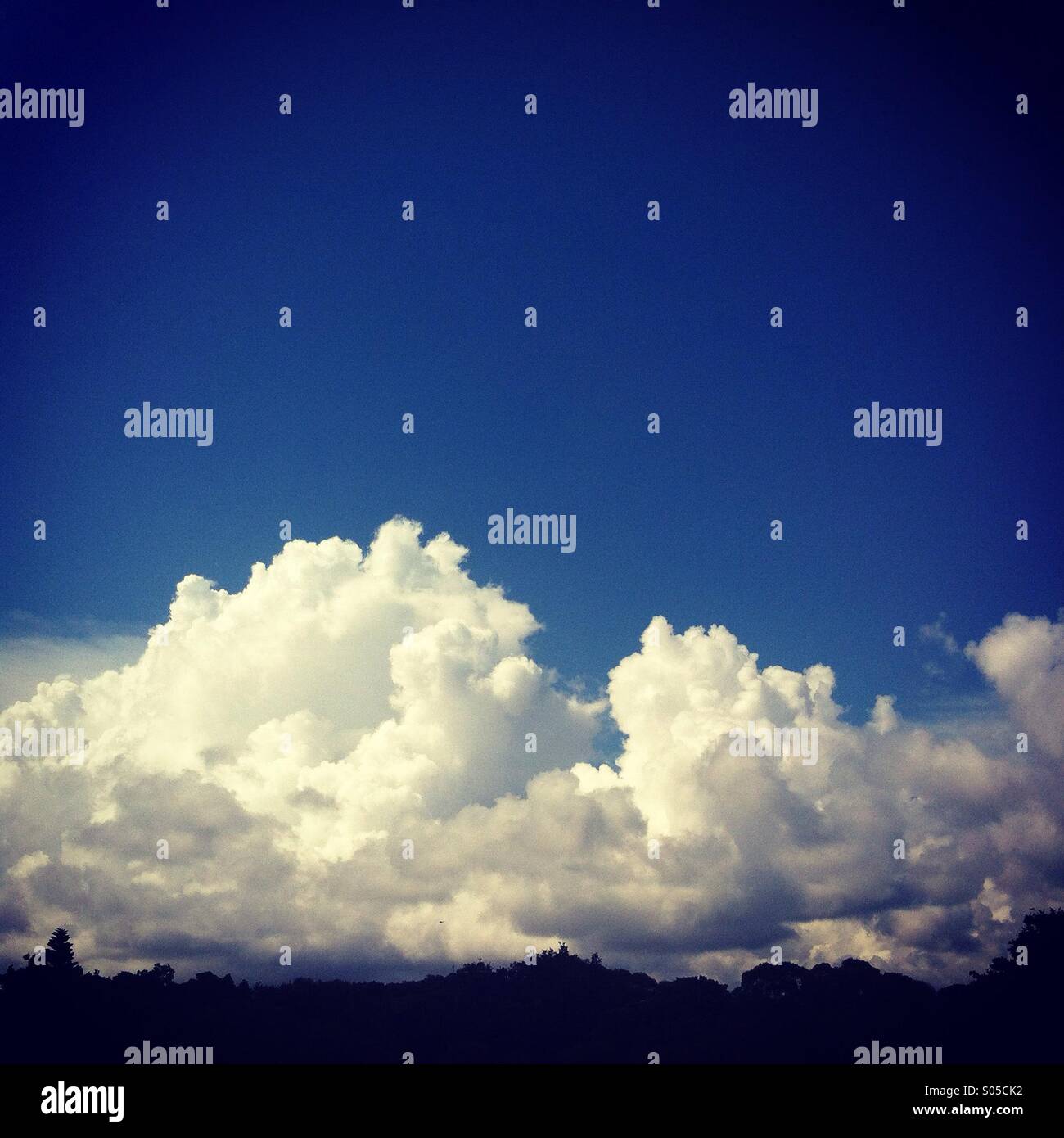 Si tratta di una foto di un magico cielo blu su un paesaggio con nuvole bianche lungo lo skyline - Immagine stock catturata con smartphone