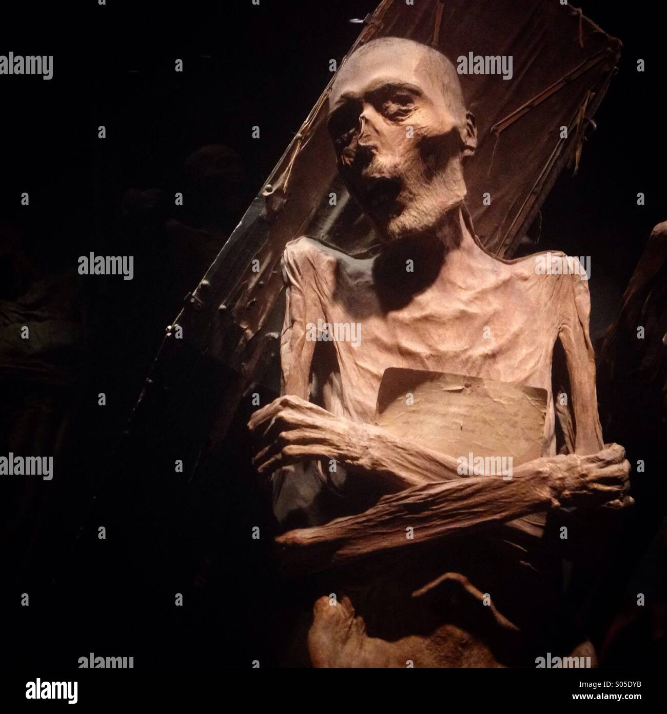 Mummia presso il 'Museo de las Momias' in Guanajuato. Le condizioni ambientali hanno reso possibile per più di 100 resti umani per diventare mummie. Questa mummia è il meglio conservato del museo. - Immagine stock catturata con smartphone