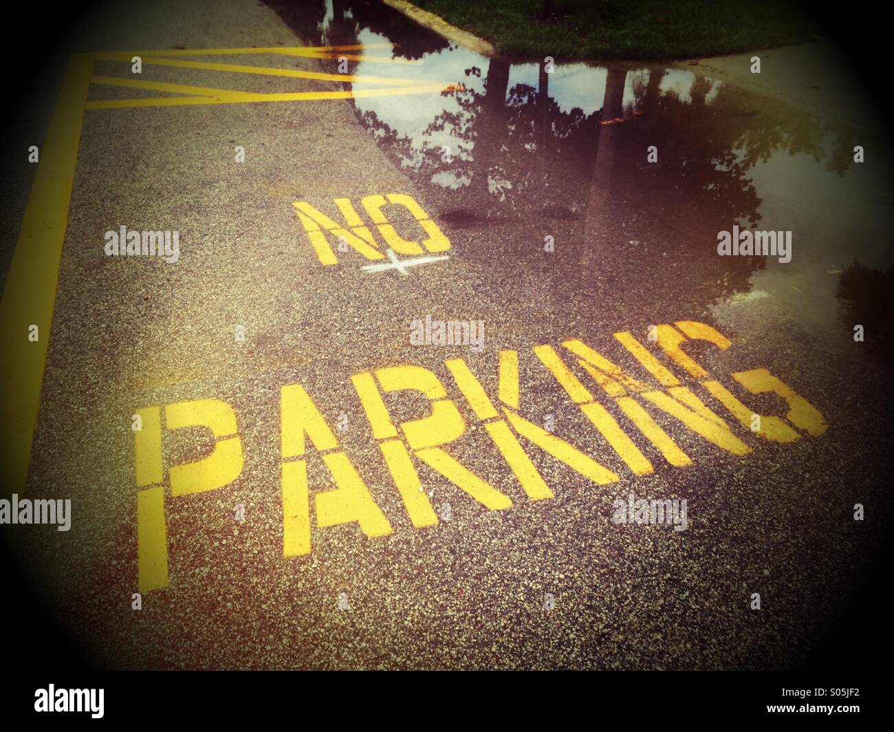 Parcheggio non dipinta su strada accanto ad una pozza d'acqua, Spiaggia di Jacksonville, Florida. - Immagine stock catturata con smartphone