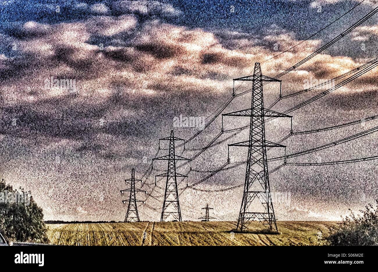 Linea di tralicci di energia elettrica in un campo in campagna Foto Stock