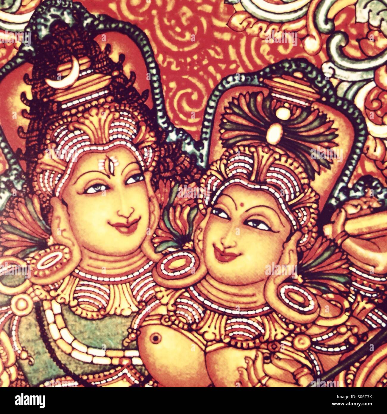 Pittura murale del signore indù Shiva e la dea Parvati Foto Stock