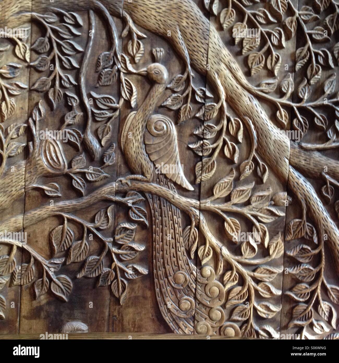 Vista ravvicinata di una sezione del bassorilievo raffigurante animali e uccelli in una foresta Foto Stock
