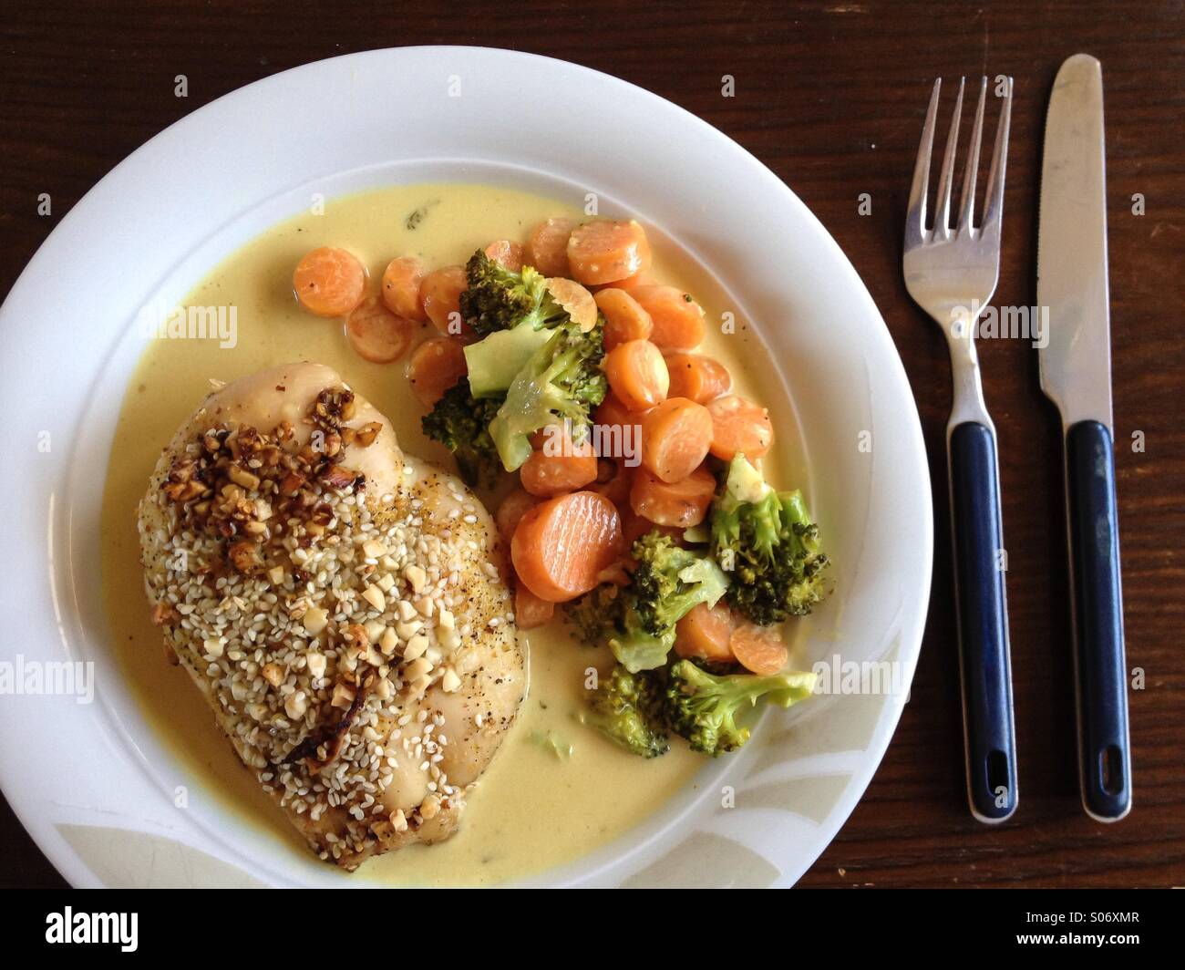 Pasto di pollo su una piastra - Immagine stock catturata con smartphone