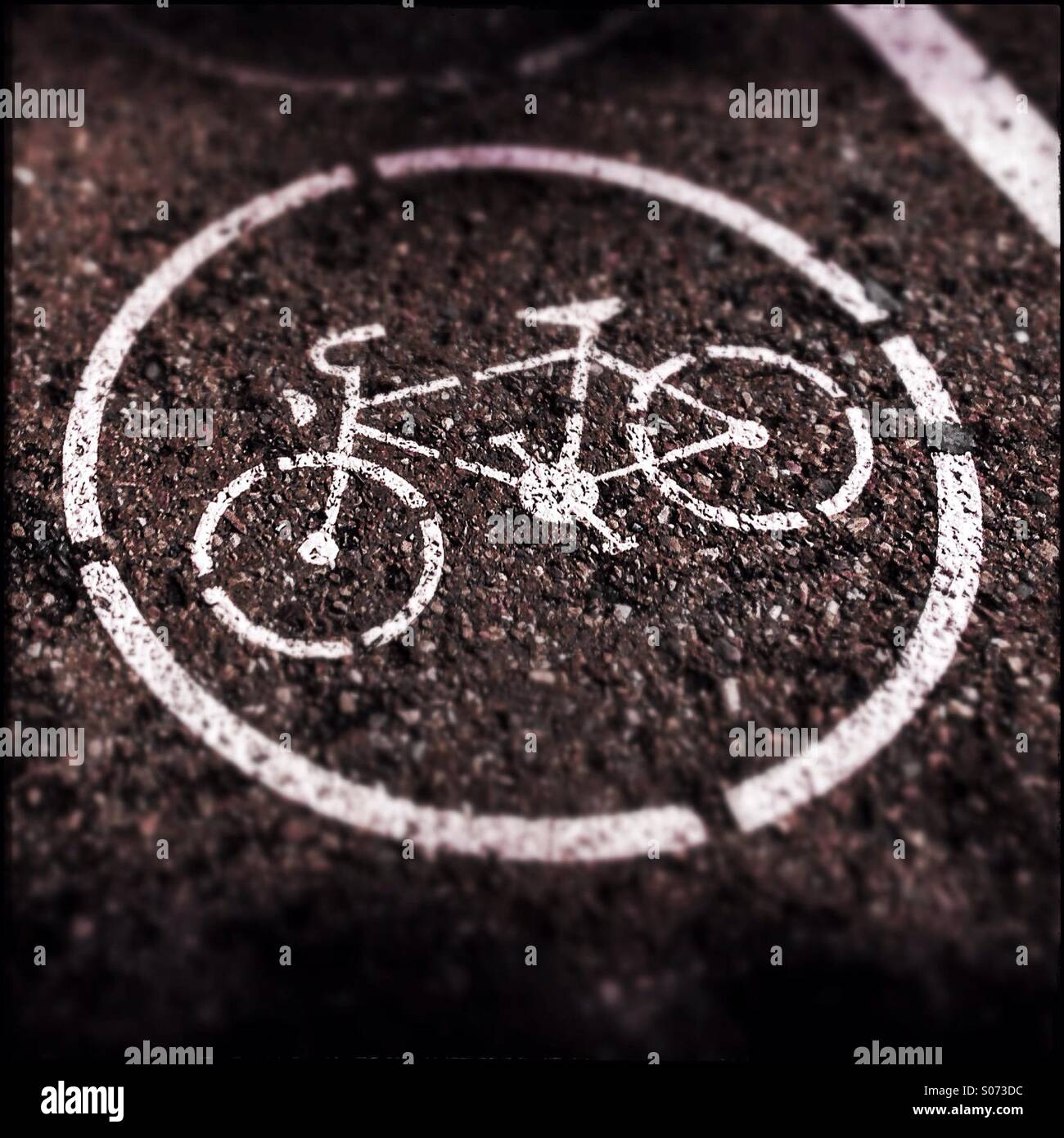 Segno di bicicletta dipinta su asfalto Foto Stock