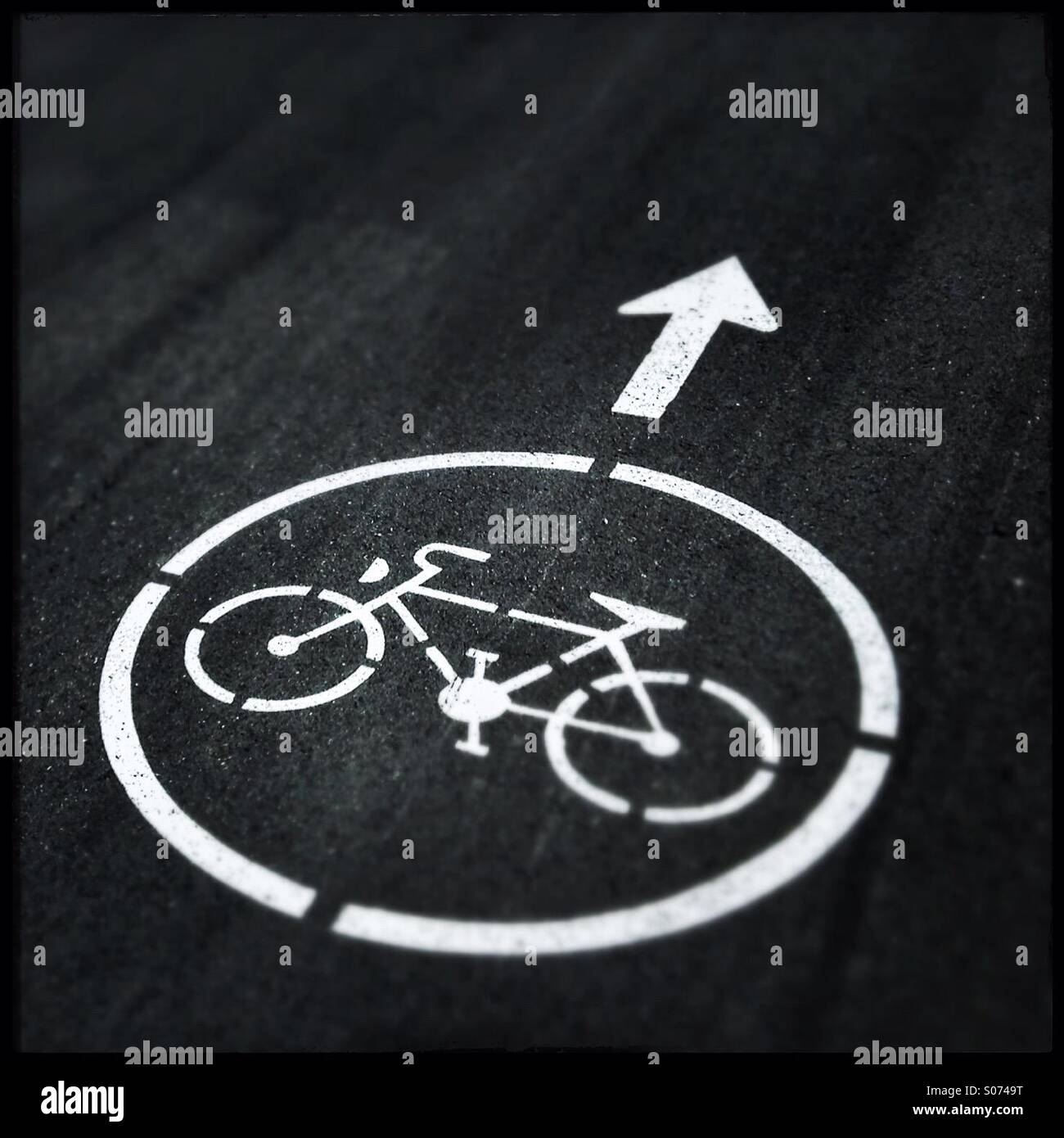 Segno di bicicletta e freccia su asfalto - Immagine stock catturata con smartphone