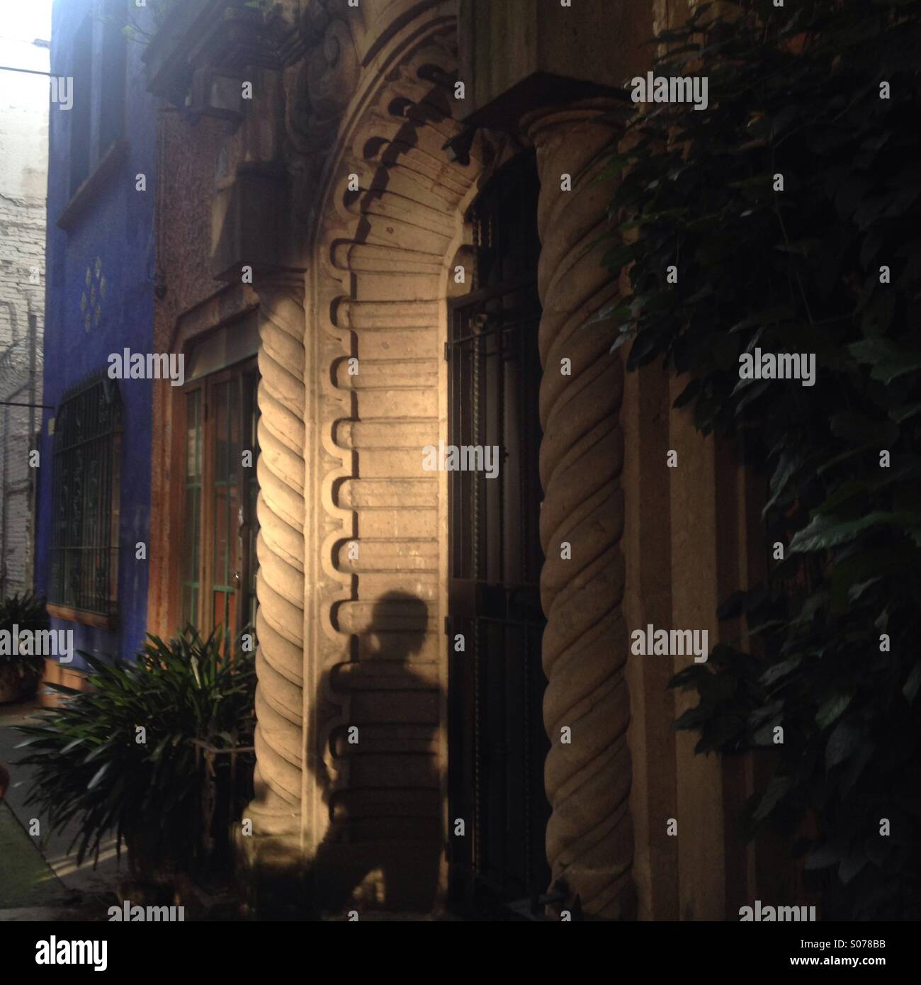 L ombra di una donna è colato su di una porta al tramonto in Colonia Condesa, Città del Messico, Messico Foto Stock
