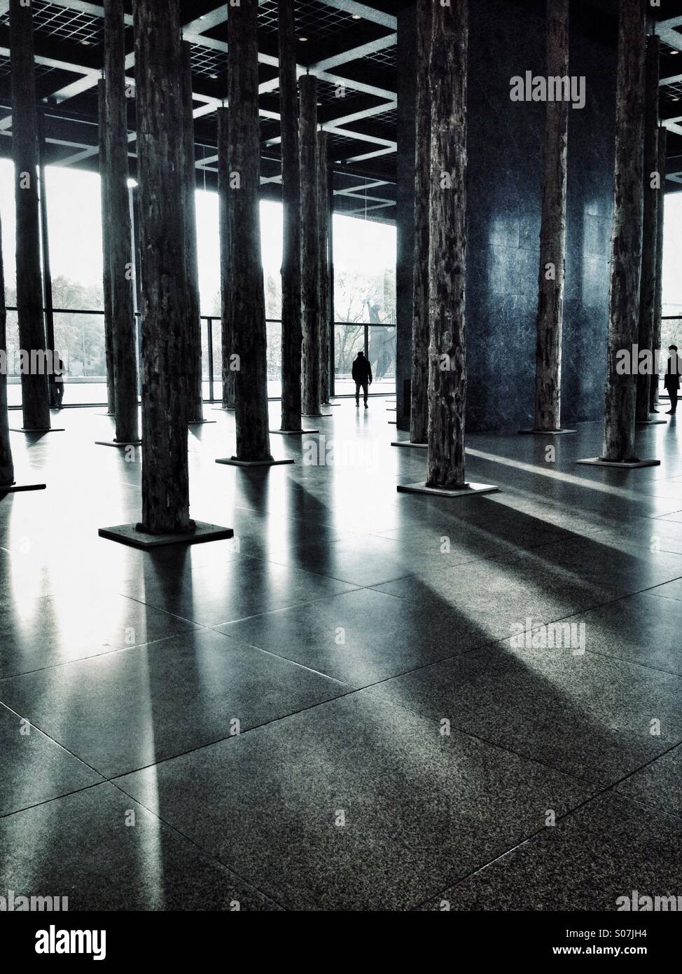 Fasci di luce filtra attraverso tronchi d albero installato nel foyer di Berlino, il Neue Nationalgalerie, parte di un'installazione denominato "zecche e pietre' dall'artista David Chipperfield. Foto Stock