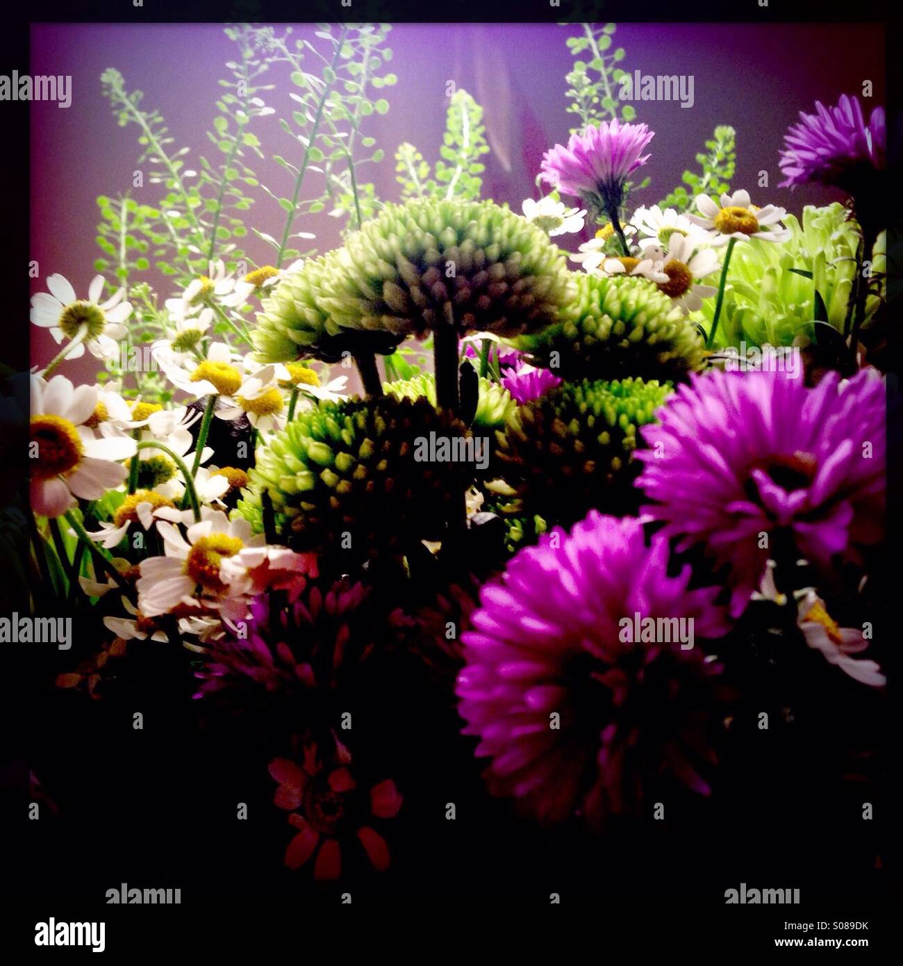 Bouquet di fiori. In piedi nella tabella sotto la lampada. Foto Stock