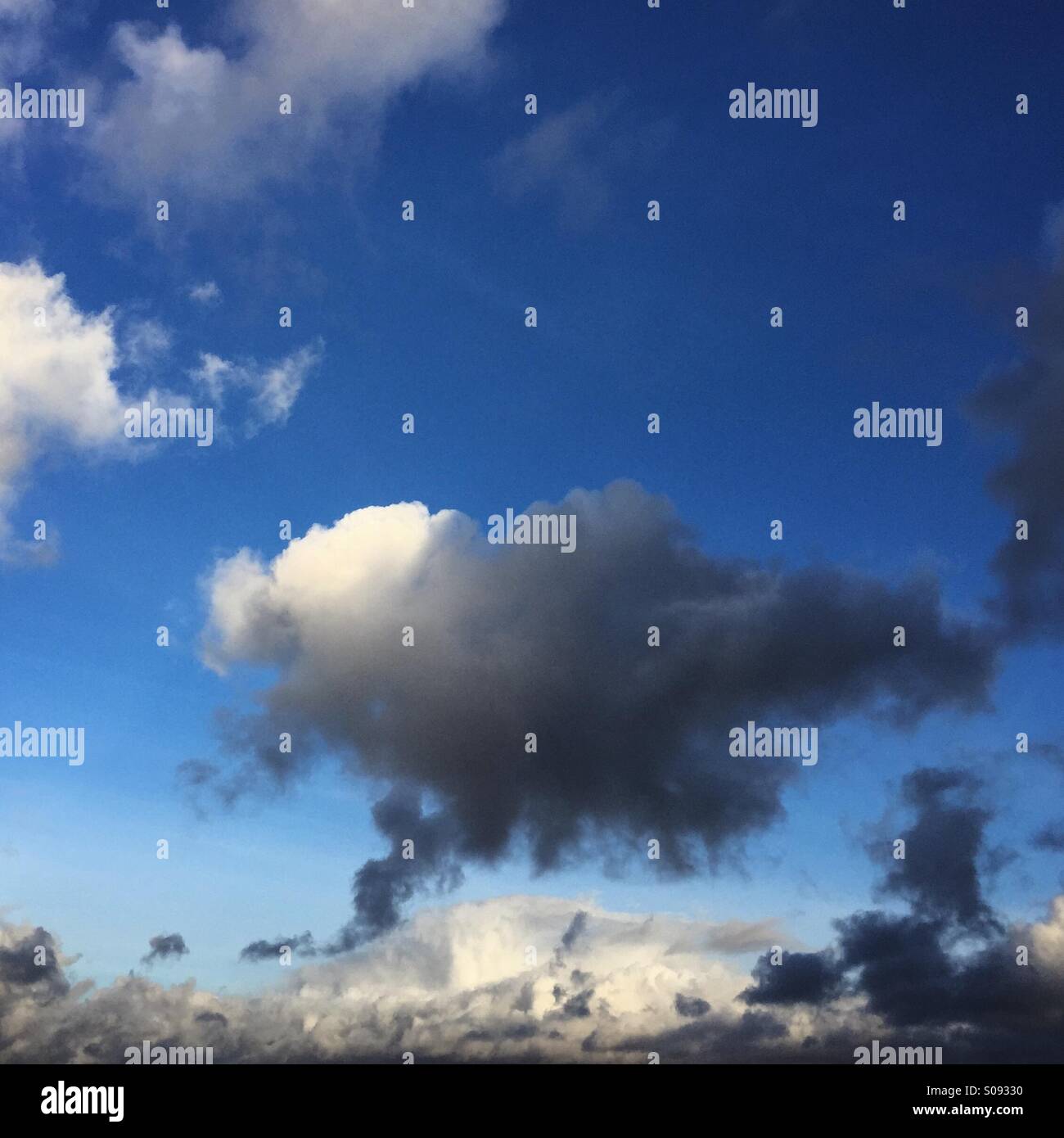 Cloud che assomiglia a bolle di pensiero contro il cielo blu Foto Stock
