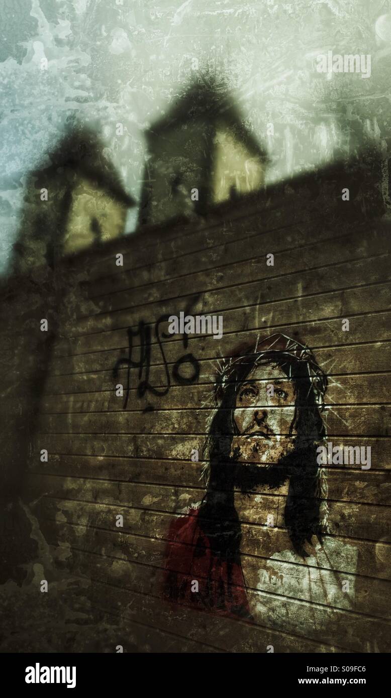 Arte di strada di Gesù sulla temporanea della parete edilizia intorno a Maria la Chiesa di Bergen, Norvegia. Foto Stock