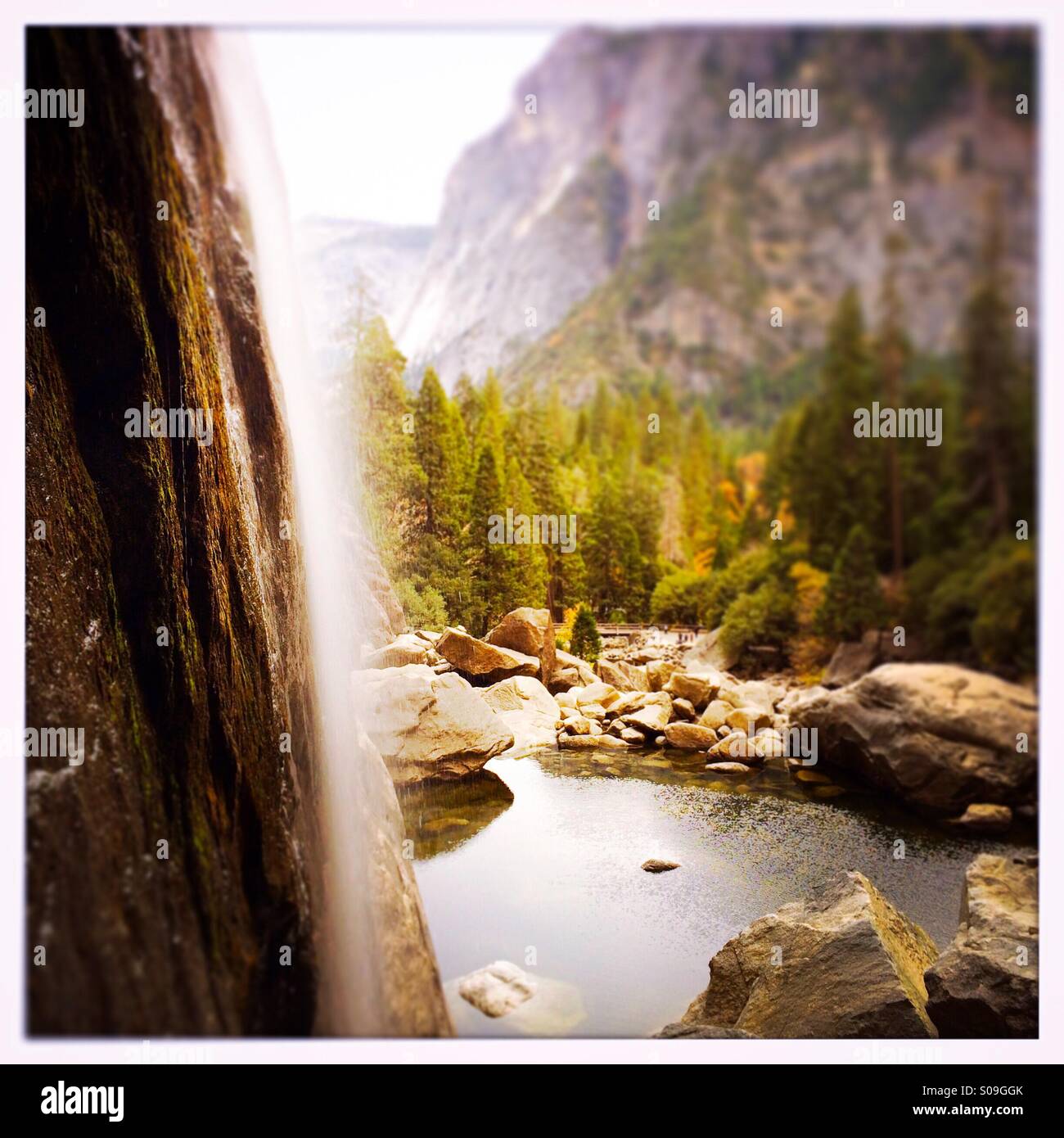 Vista di Yosemite Creek e la base inferiore di Yosemite Falls con un basso flusso di acqua durante la caduta. Il parco nazionale di Yosemite Valley, il Parco Nazionale di Yosemite, Mariposa County, California, Stati Uniti d'America Foto Stock