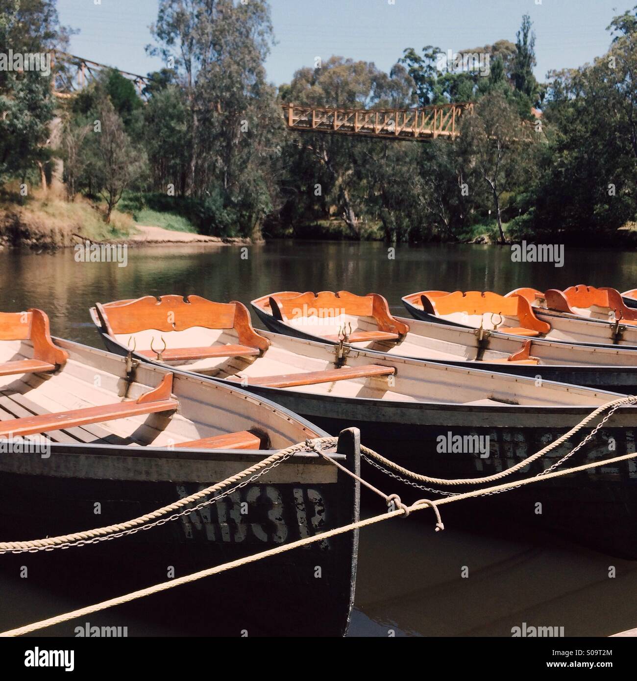 Barche a remi a noleggio al Fairfield boatsheds, Melbourne, Victoria, Australia Foto Stock
