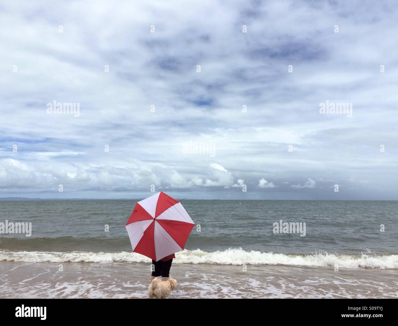 Donna con cane sulla spiaggia il ricovero sotto l'ombrello. Foto Stock