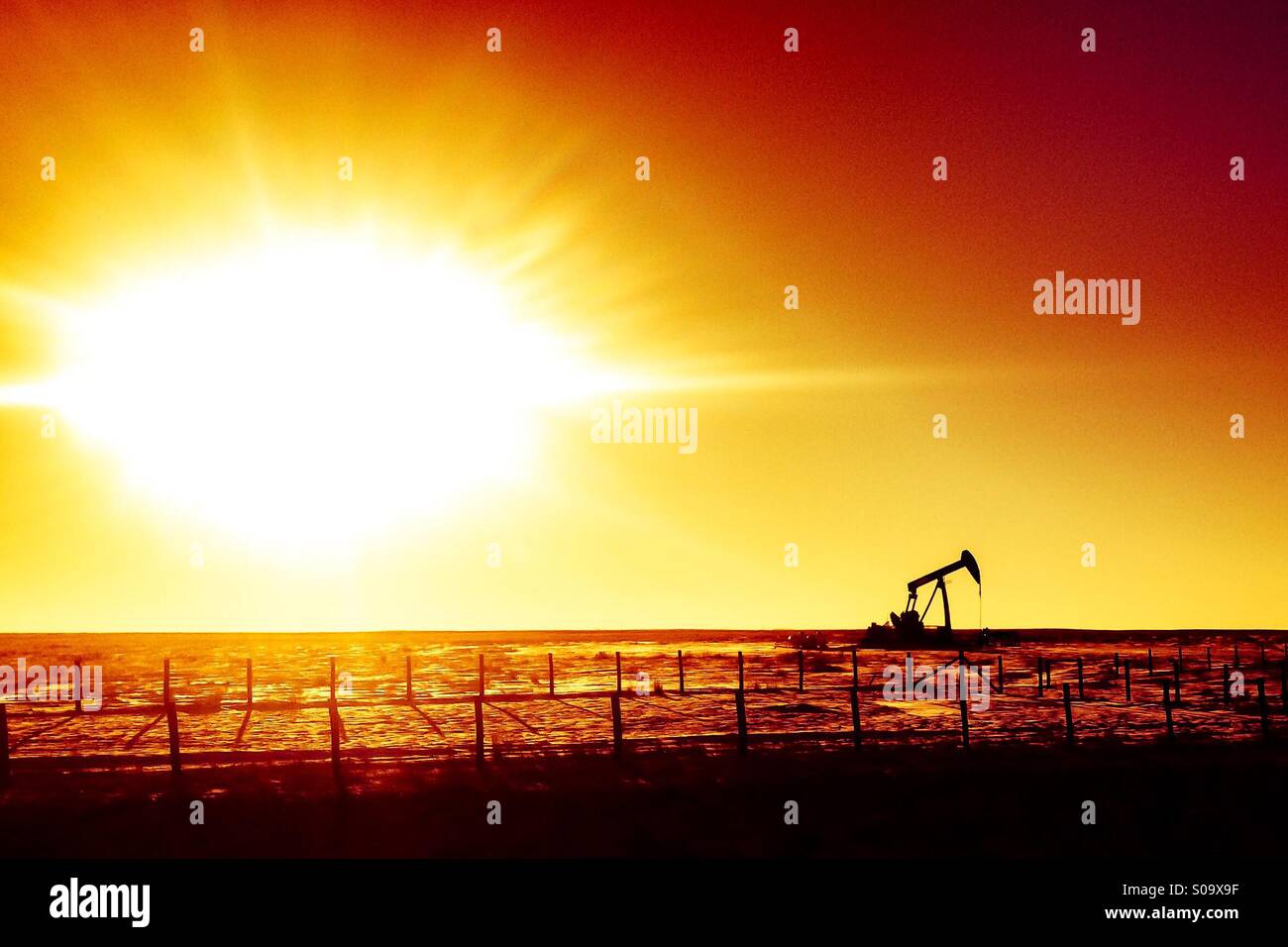 Piattaforma petrolifera nelle praterie di Alberta, Canada al tramonto. - Immagine stock catturata con smartphone