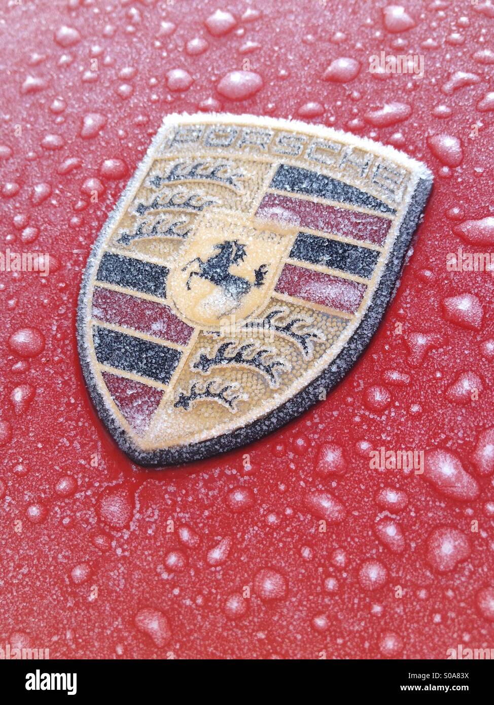 Il ghiaccio e la brina coperto Porsche 911 super car badge Foto Stock