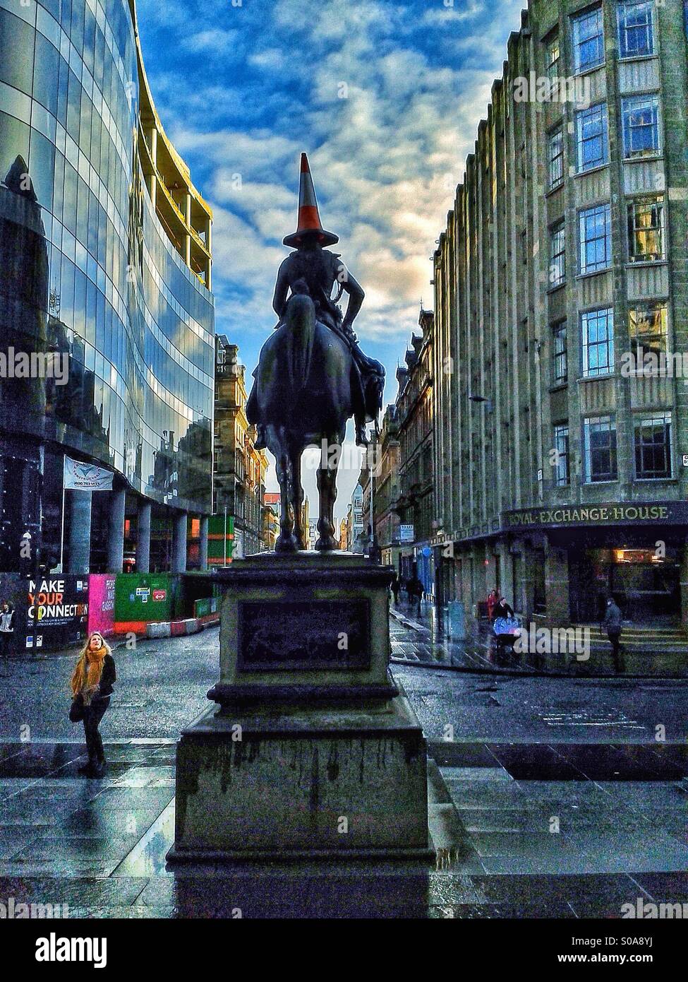 Glasgow il Duca di Wellington statua indossando un cono stradale Foto Stock