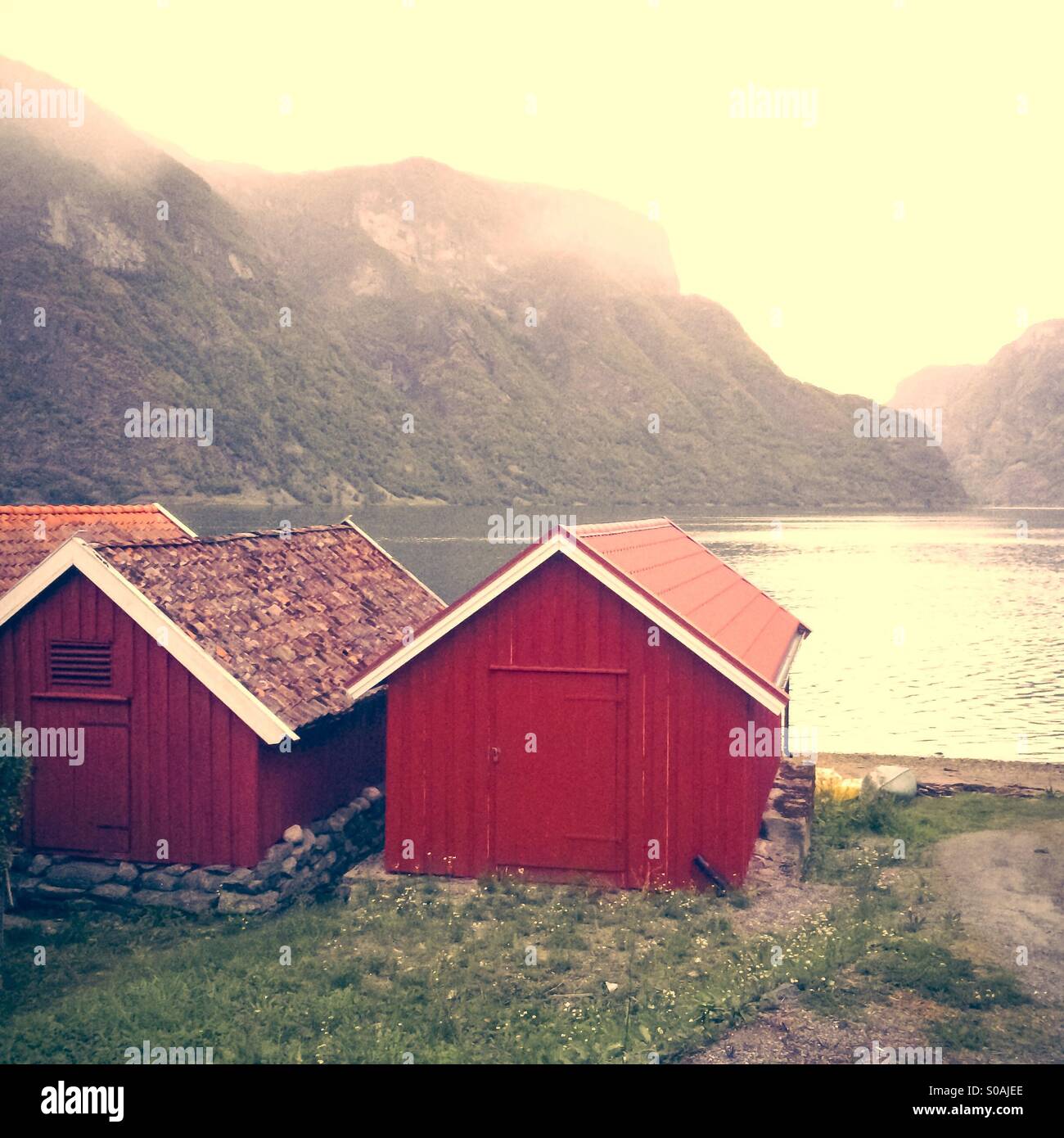 Tradizionale in rosso boatsheds sulla riva del Aurlandfjord, Norvegia, sera Foto Stock