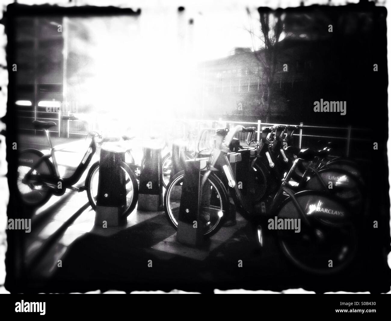 Luce solare su Boris bikes, White City, West London, England, Regno Unito, Europa Foto Stock