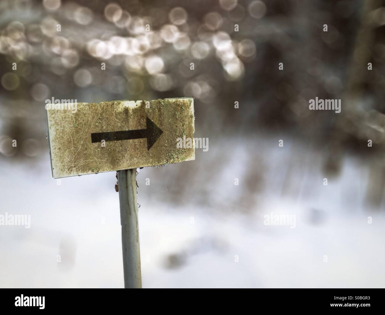 Segno di freccia con bokeh di fondo e neve in background Foto Stock