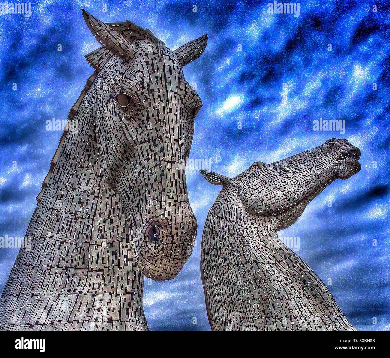 'L'Kelpies', 30 metri di metallo mitico cavallo-le strutture della testina da artista Andy Scott all'elica, a fianco del canale di Forth e Clyde vicino a Grangemouth, Falkirk, Scozia. Foto Stock