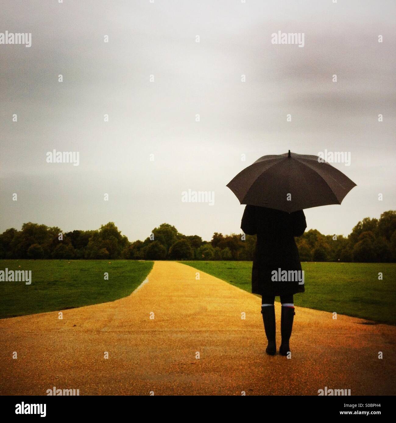 Una donna si erge in Hyde Park in un giorno di pioggia. London, England Regno Unito. Foto Stock