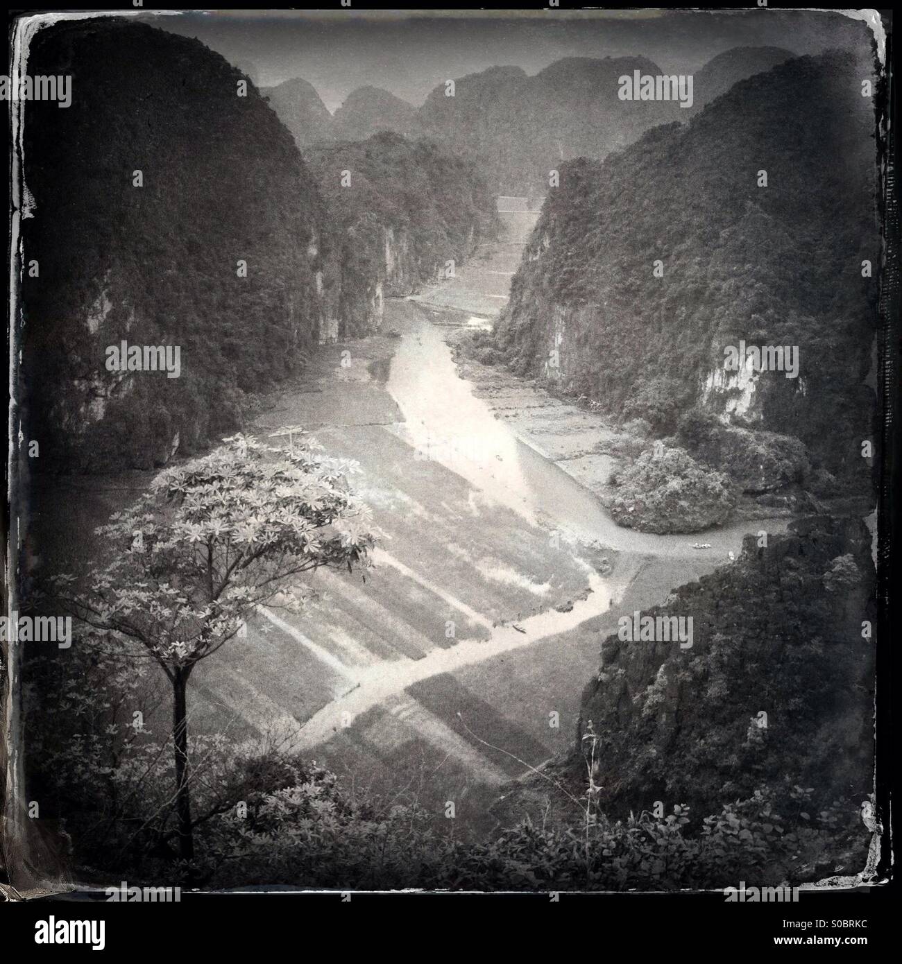 Vista di Tam Coc fiume e risaie tra gli affioramenti calcarei - Immagine stock catturata con smartphone