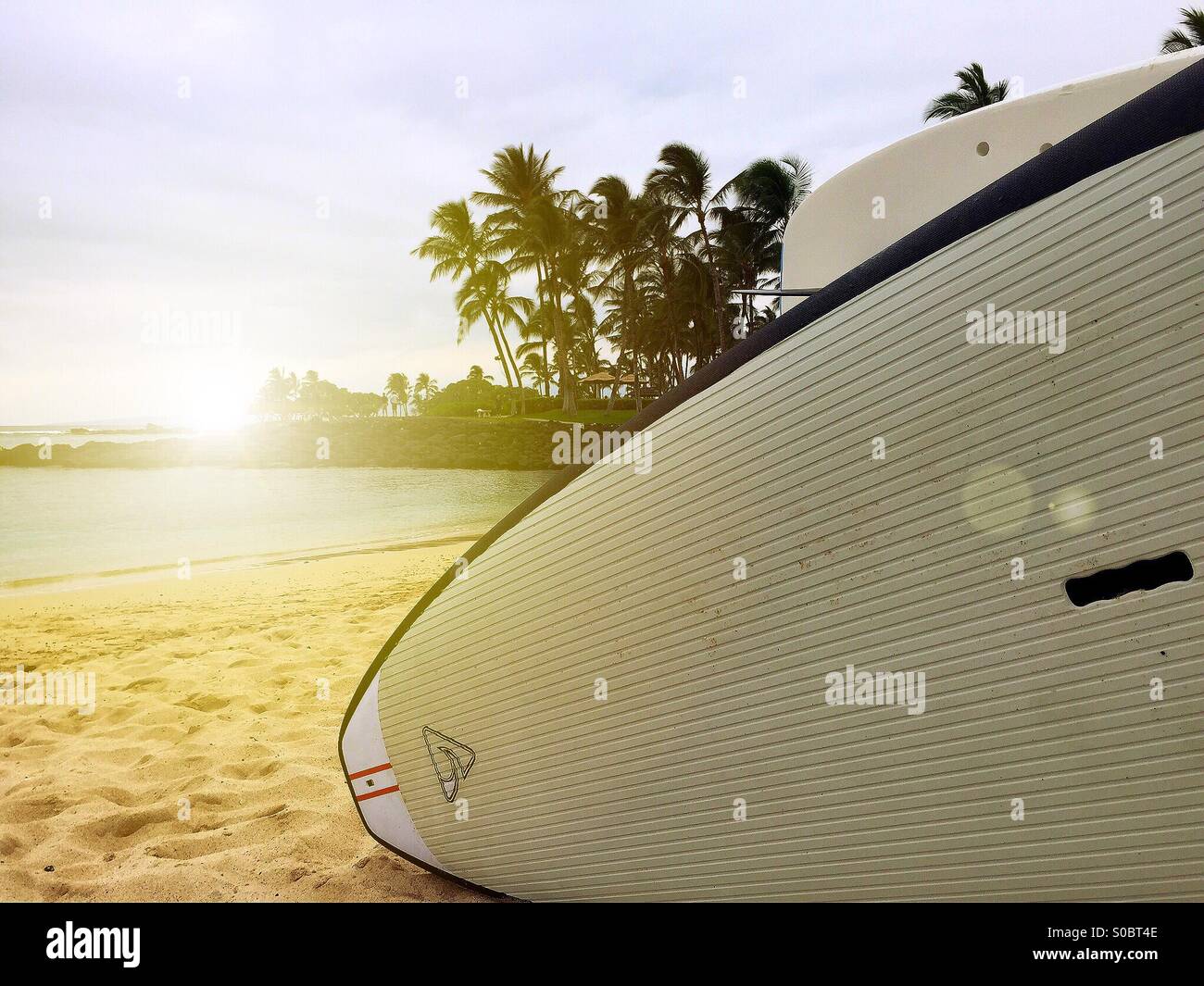 Tramonto sull'oceano pacifico sulla spiaggia hawaiana. Foto Stock