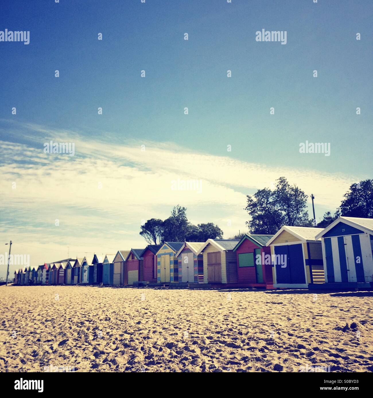 Fila di caselle balneare sulla spiaggia di Brighton Melbourne Australia Foto Stock