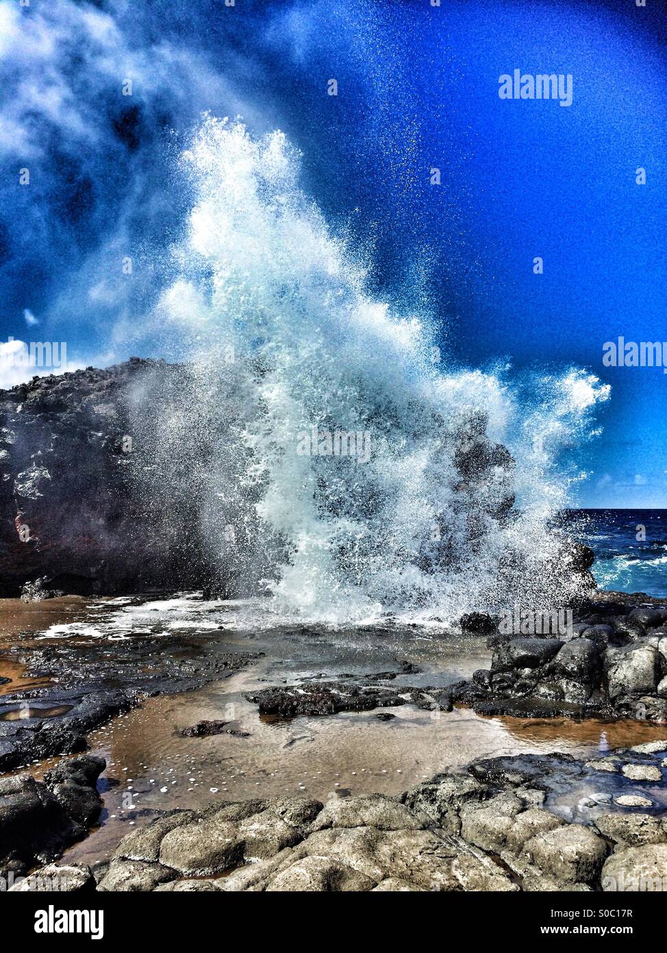 Maui Nakalele Blowhole eruzione. Foto Stock