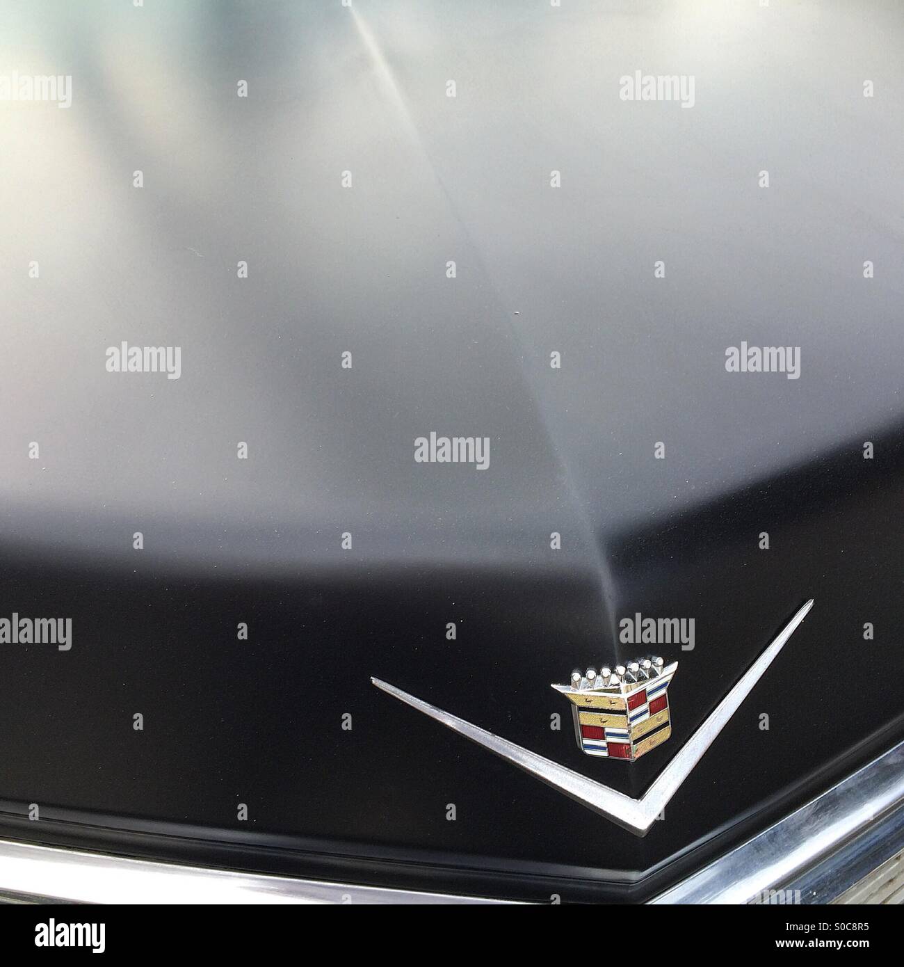 Nero auto Cadillac cappa con l'emblema Foto Stock
