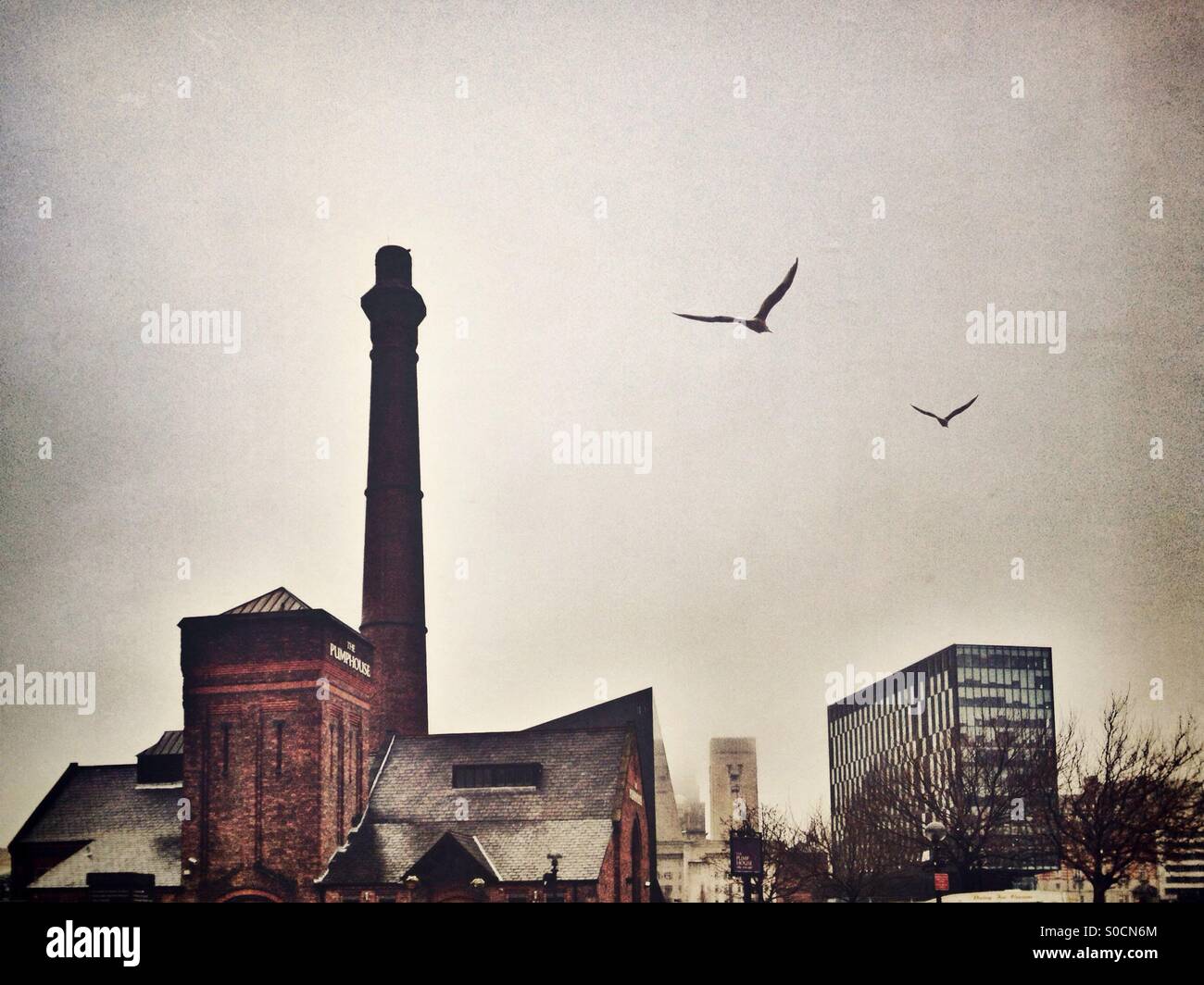 Moderni e antichi edifici a Albert Docks in Liverpool - Immagine stock catturata con smartphone