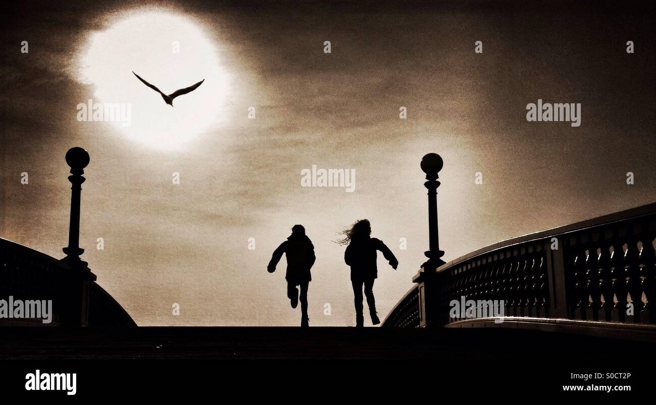 Due ragazze in silhouette che corre lungo ponte con seagull contro il sole (composito) - Immagine stock catturata con smartphone