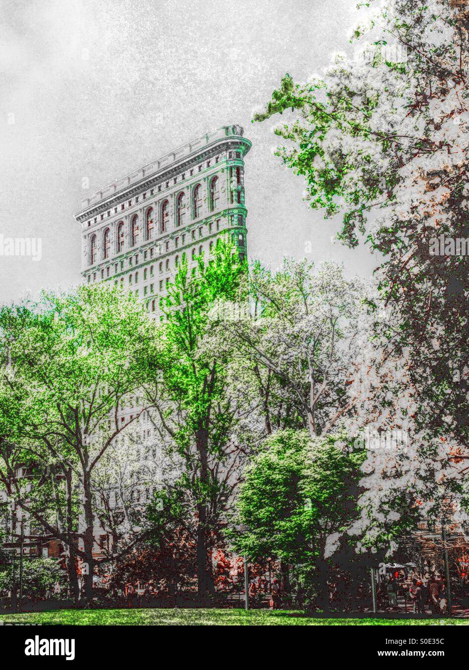 Madison Square Park e Flatiron Building, Primavera, NYC - Immagine stock catturata con smartphone