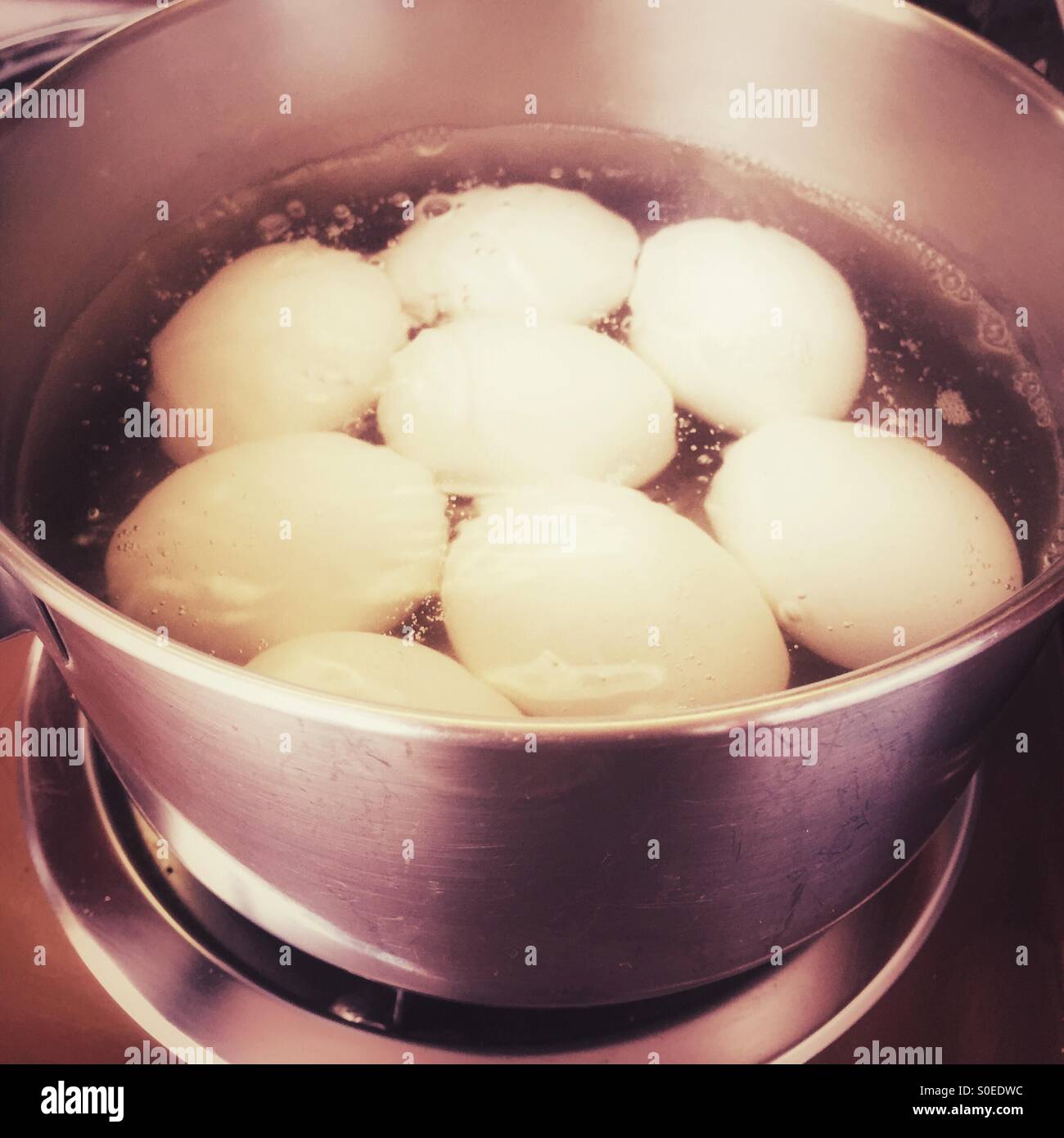 Uova sode essendo cotti in un piano cottura pentola di acqua bollente. Foto Stock
